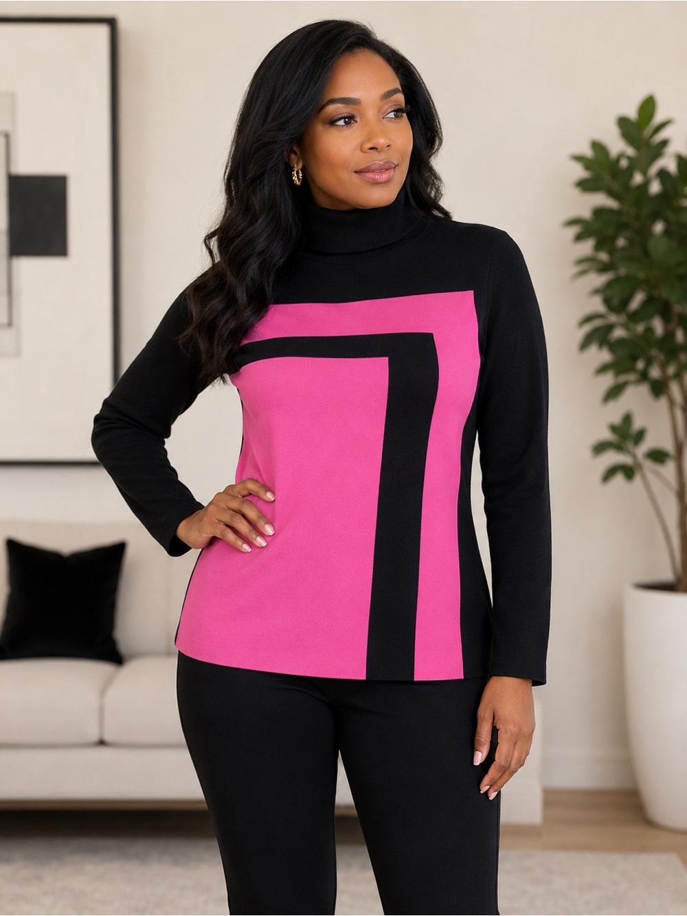 Worthington Black & Pink Geometric Turtleneck Sweater
